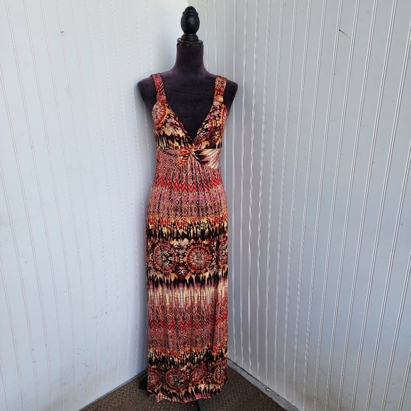 Spense Dress Women Sleeveless Red Brown Floral V-Neck Maxi Sheath Stretch Sz S - Picture 1 of 10